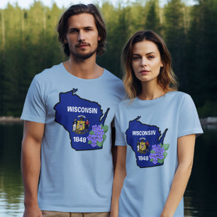 T-shirt Drapeau d'état du Wisconsin et fleur bleu commun V