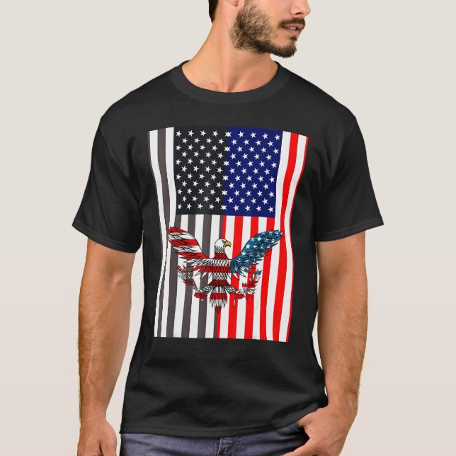 T-shirt Drapeau Noir Usa À Côté Drapeau Usa Avec Aigle Usa (Devant)