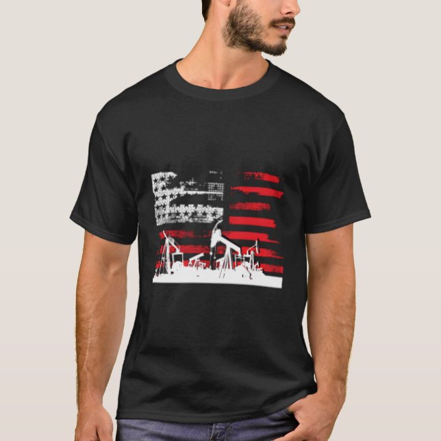 T-shirt Drapeau Patriotique Oilfield Avec Huile Pumg Rig (Devant)