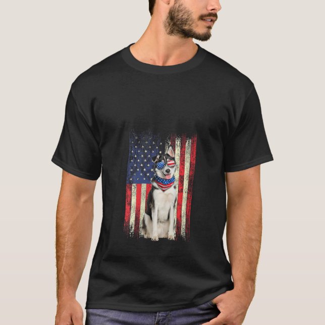 T-shirt Drapeau sibérien Husky américain 4 juillet Pa (Devant)