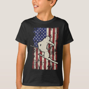 T-shirt Drapeau Usa Ski &amp; Skiier à manches longues