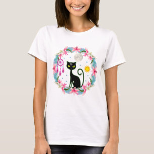 T-shirt Dream Catcher Moon Stars Sun Black Wiccan Cat