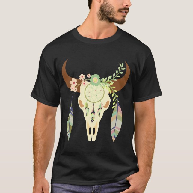 T-shirt Dreamcatcher à crâne de vache Boho - (Devant)