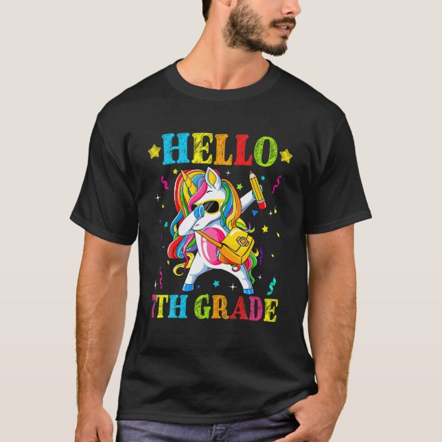 T-shirt Drôle Bonjour Septième Classe Unicorne Dabbing Pou (Devant)