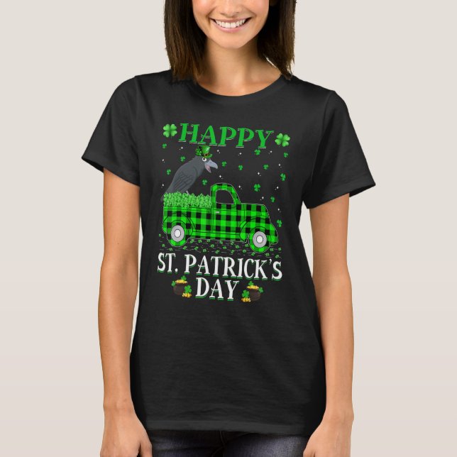T-shirt Drôle Buffalo Plaid Green Truck Crow Bird St Patri (Devant)