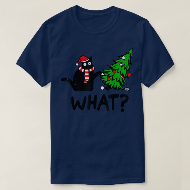 T-shirt Drôle cadeau de chat noir Poussant l'arbre de Noël (Design devant)