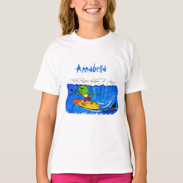 T-shirt Drôle caricature de surf de lézard au cou (Devant)