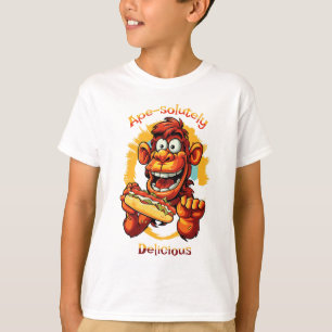 T-shirt Drôle Cartoon Design Singe Manger un hot Dog