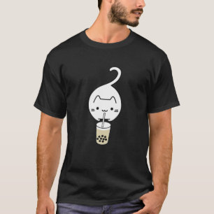 T-shirt Drôle Chat Blanc Sauter Boire Boba Thé Lait