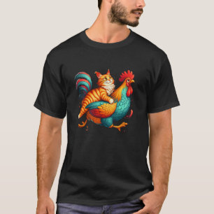 T-shirt Drôle Chat équitation poulet mignon Art Whimsical