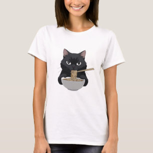T-shirt Drôle Chat Noir Manger Ramen - Anime Foodie