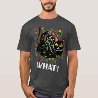T-shirt Drôle Chat Tangled dans les lumières des arbres de