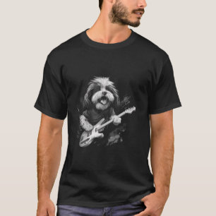 T-shirt Drôle Chih Tzu Chien Jouant Guitare Rock Long Manc