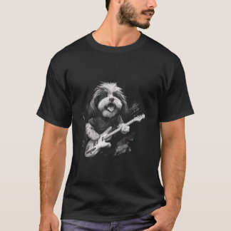 T-shirt Drôle Chih Tzu Chien Jouant Guitare Rock Long Manc