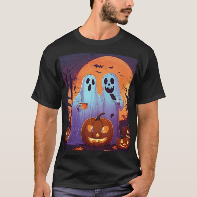T-shirt Drôle couple de fantômes prenant un selfie autour (Devant)