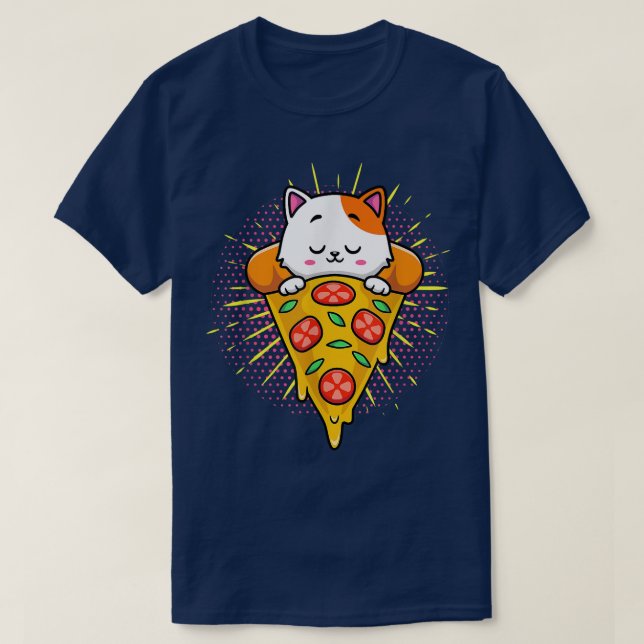 T-shirt Drôle Cute Chats Mange Pizza Kawaii Anime Japonais (Design devant)