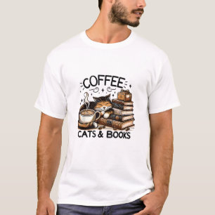 T-shirt Drôle Cute Coffee Cats Livres Lover Idea Cadeau Fe