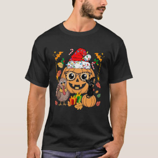 T-shirt Drôle de HalloThanksmas Citrouille Dinde Chat Noir