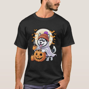 T-shirt Drôle Fantôme Siberian Husky Boissons Citrouille B