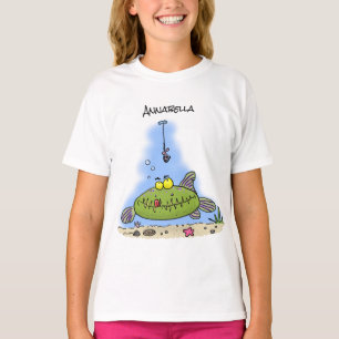 T-shirt Drôle gras affamé poisson vert dessin de pêche
