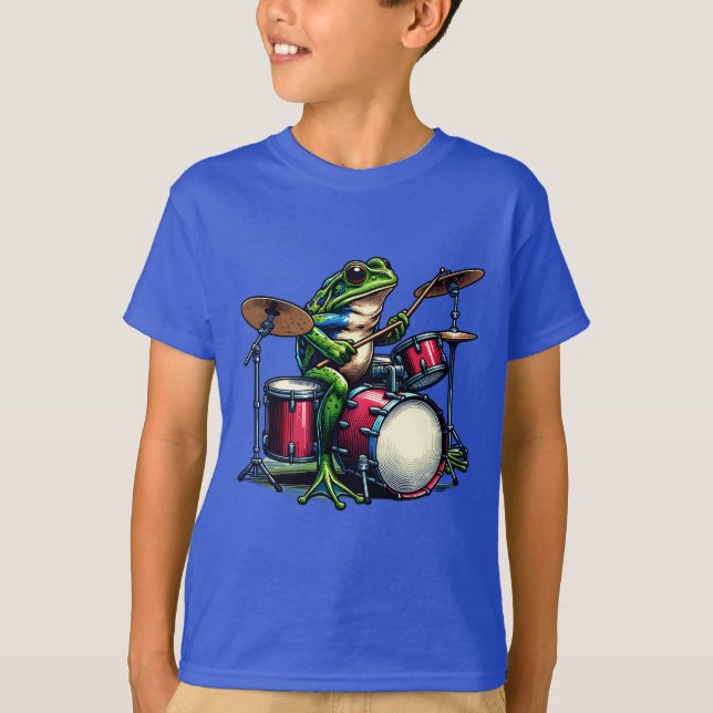 T-shirt Drôle grenouille caricaturale jouer aux tambours (Devant)