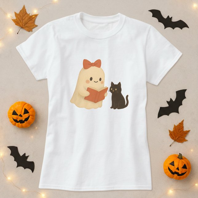 T-shirt Drôle Halloween Ghost Cat Lecture (Créateur téléchargé)