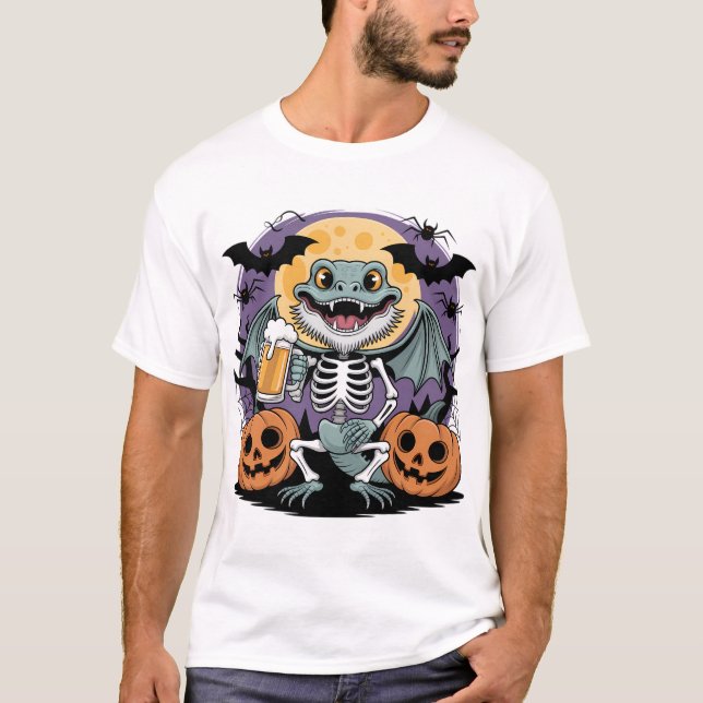 T-shirt Drôle Halloween Lizard Skeleton avec bière (Devant)
