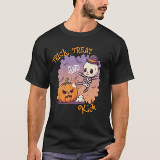 T-shirt Drôle Halloween Squelette "Trick, Treat and Kick
