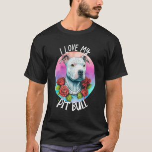 T-shirt Drôle J'aime Ma Mère Chien Pit Bull Fleurs Chiot F