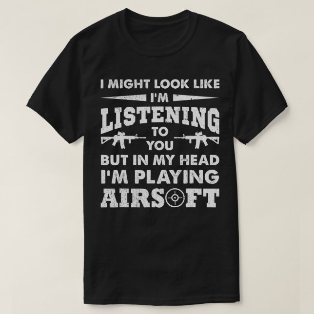 T-shirt Drôle, je joue à Airsoft dans mon pistolet à tête (Design devant)
