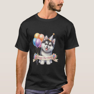 T-shirt Drôle Joyeux Anniversaire Chien Ballon Husky Sibér