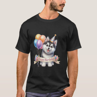 T-shirt Drôle Joyeux Anniversaire Chien Ballon Husky Sibér
