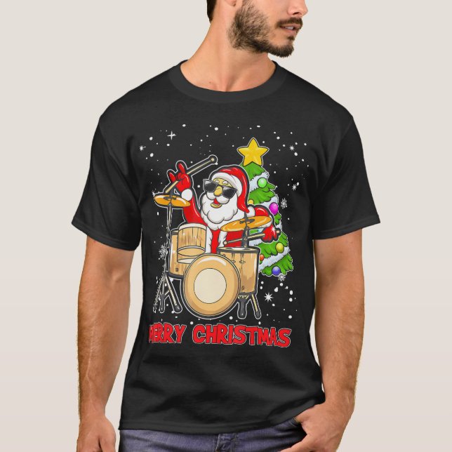 T-shirt Drôle Joyeux Tambour De Noël Et Batteur Père Noël (Devant)