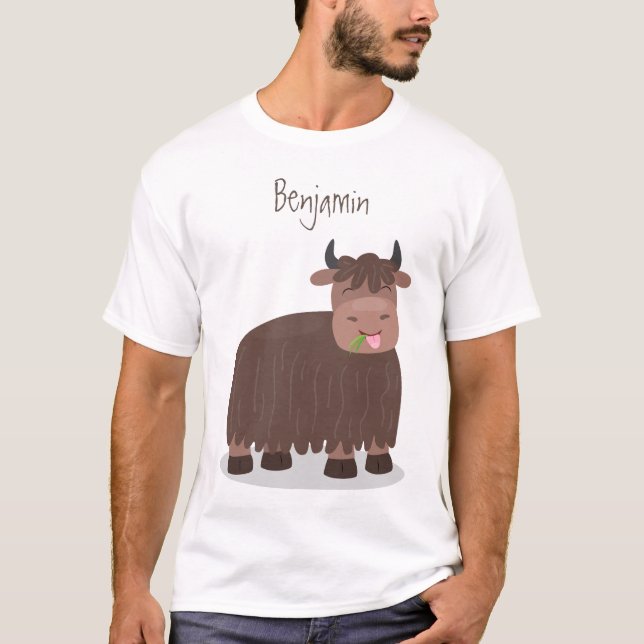 T-shirt Drôle joyeux yak mangeant de l'herbe dessin d'illu (Devant)