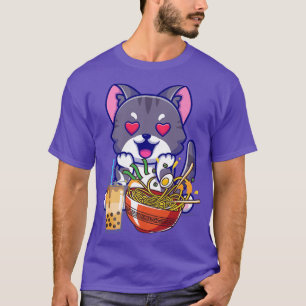 T-shirt Drôle Kawaii Chat Manger Ramen Et Boba Thé Lait Dr
