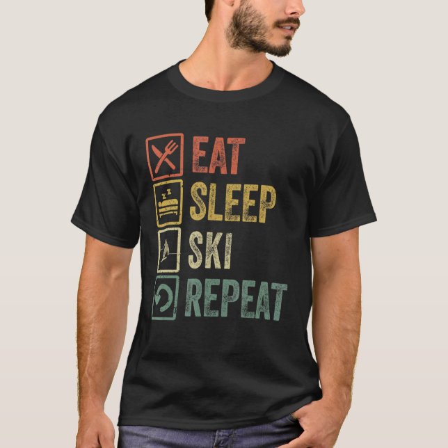 T-shirt Drôle Manger Sommeil Ski Répéter Retro Skieurs Vin (Devant)