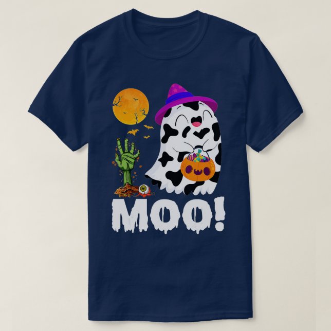 T-shirt Drôle Moo Ghost Cow & Witch Casquette Happy Hallow (Design devant)