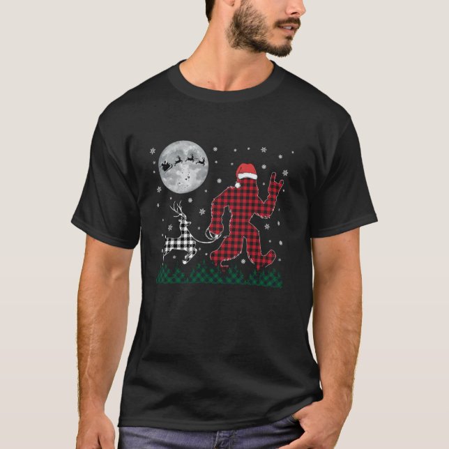 T-shirt Drôle Noël Bigfoot Reindeer Plaid Père Noël Moon (Devant)
