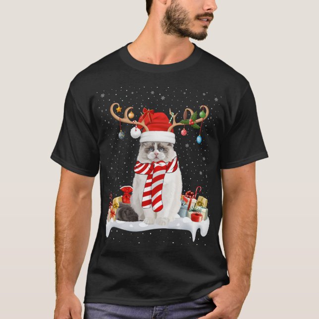 T-shirt Drôle Noël Éclairage Reindeer Santa Hat Ragdoll Ch (Devant)