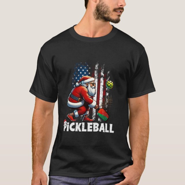 T-shirt Drôle Noël US Drapeau Pickleball Santa Hat Sungl (Devant)