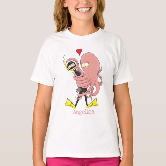 T-shirt Drôle pieuvre embrasse plongeur dessin animé humou (Devant)