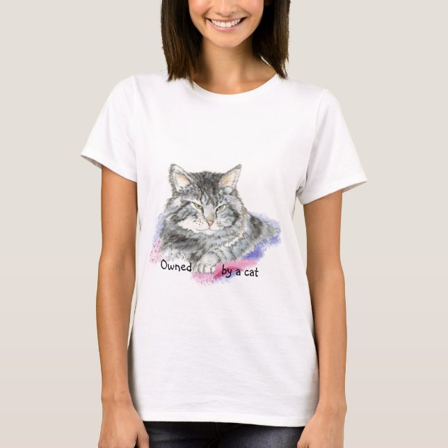 T-shirt Drôle possédé par un chat avec Watercolor Cat (Devant)