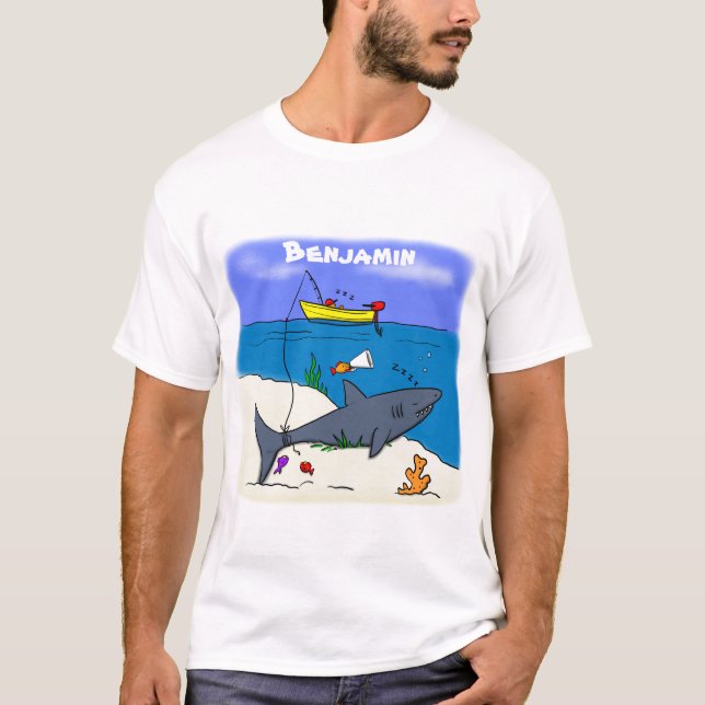 T-shirt Drôle requin couché et dessin animé de pêche (Devant)