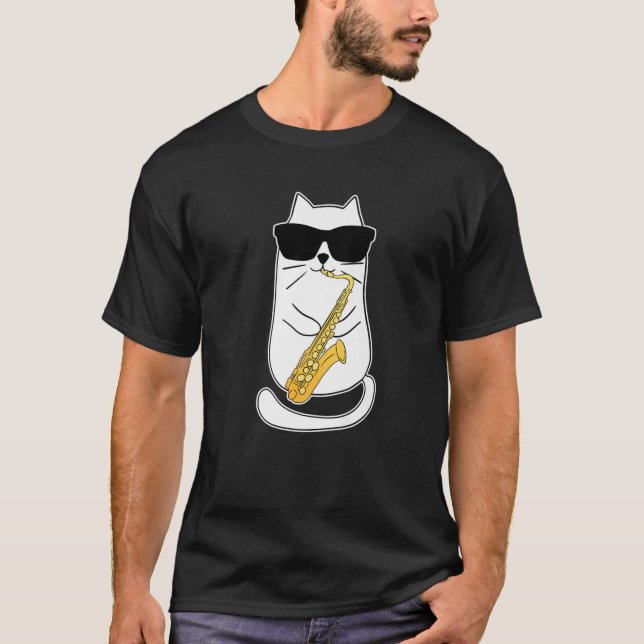 T-shirt Drôle Saxophone Cat Musicien Jazz Musique Lover (Devant)