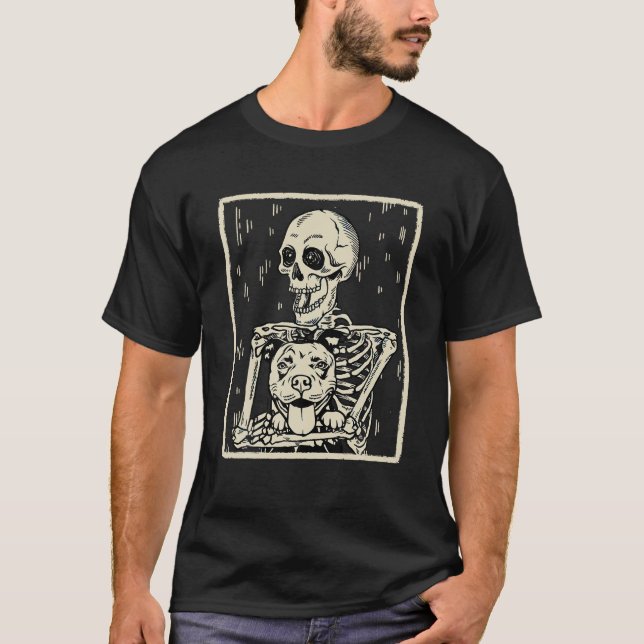 T-shirt Drôle Skeleton Hugs Pitbull Terrier Chien Hallowee (Devant)