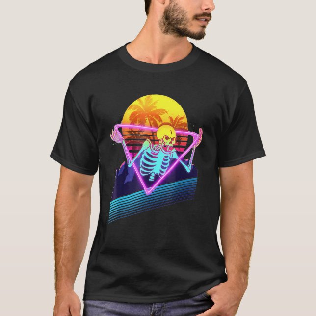T-shirt Drôle Skeleton meme Retro 80s Vaporwave Outrun Sty (Devant)