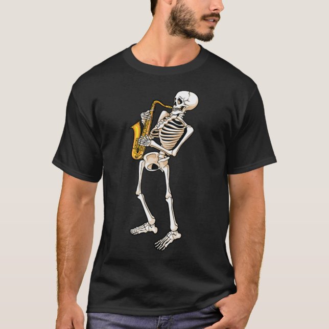 T-shirt Drôle Skeleton Saxophone Cadeau Cute Halloween Coû (Devant)