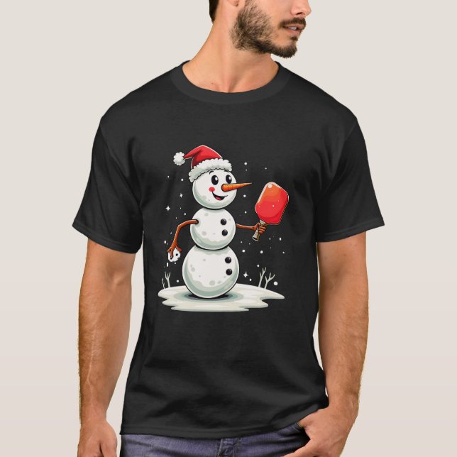 T-shirt Drôle Snowman Santa Hat Pickleball Joueur Christma (Devant)