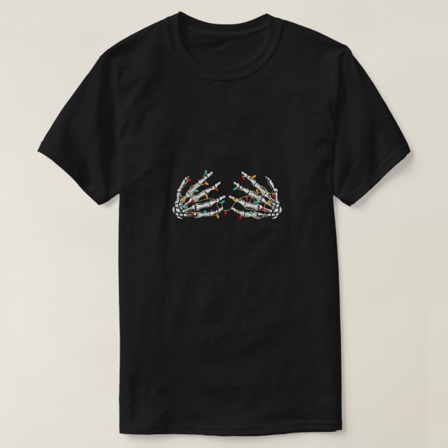 T-shirt Drôle Squelette Main sur la poitrine Lumières de N (Design devant)