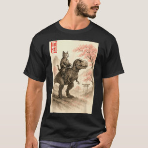 T-shirt Drôle Sumi-e Kawaii Chat Équitation Dinosaure Japo